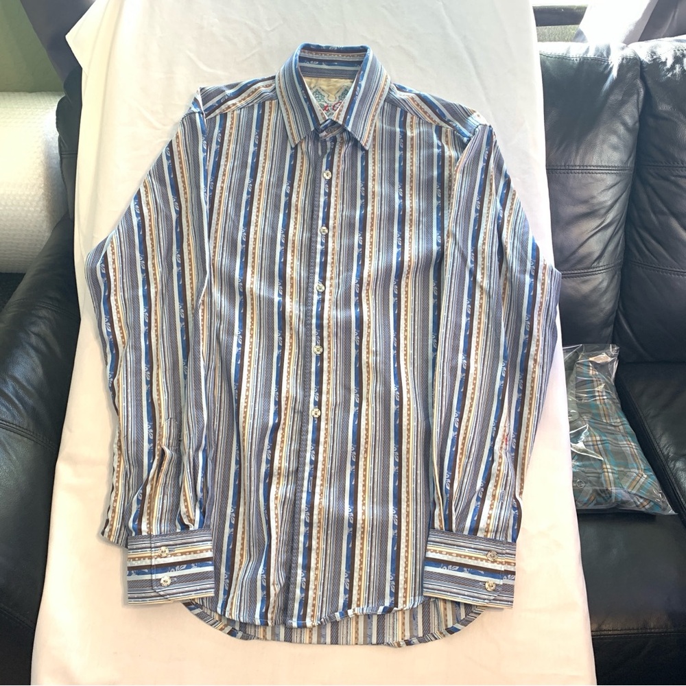 Robert Graham Blue, Brown, Gray, Tan Southwest Stripe Shirt Medium